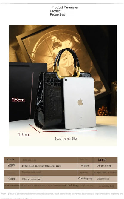 High-grade light luxury handbag Tote bag women's crocodile print single shoulder crossbody bag black Burgundy black-Burgundy-