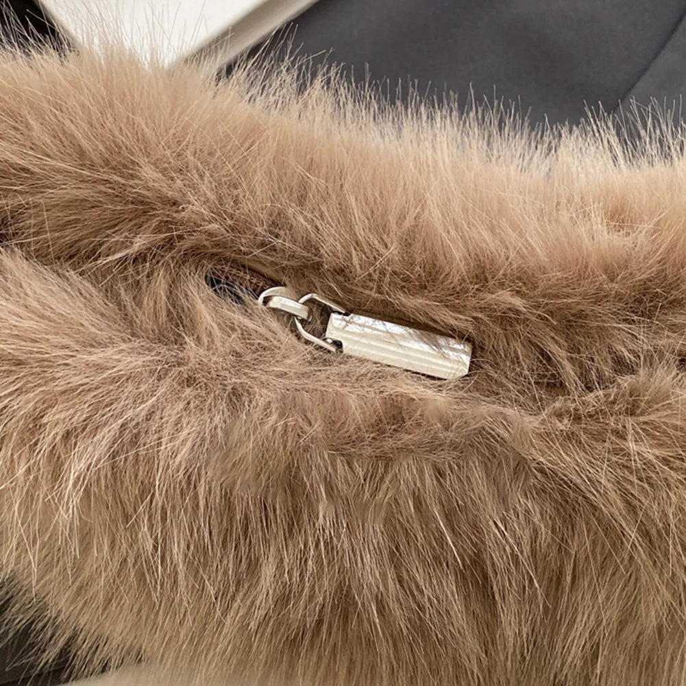 Women Faux Fur Shoulder Bag Adjustable Strap Fluffy Crossbody Bag Solid Color Clutch Purse Hobo Bag for Travel Party
