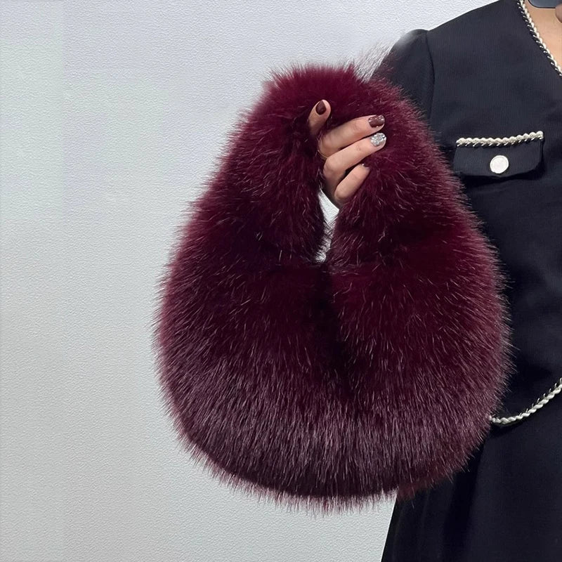 Soft Plush Half Moon Bags for Women Designer Fluffy Faux Fur Lady Handbags Luxury Small Tote