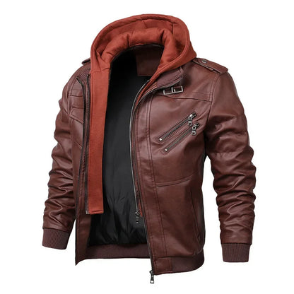 Motorcycle Leather Jacket Hat Detachable Men Hooded Slim Casual Coats