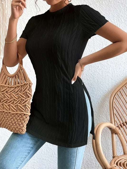 Simple Solid Color Pleated Top Short Sleeves Split-Side Urban Casual Daily T-Shirt