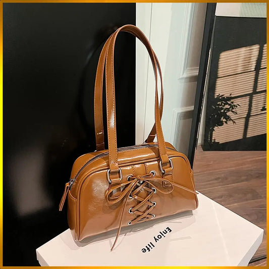 Shoulder Bag for Women Solid Color Boston Tote Bag PU Leather Bowling Handbag Hobo Bag for Work Travel
