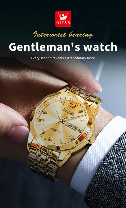 Gold Original Quartz Wristwatch Waterproof Luminous Watch for Male Rhombus Mirror Date Week