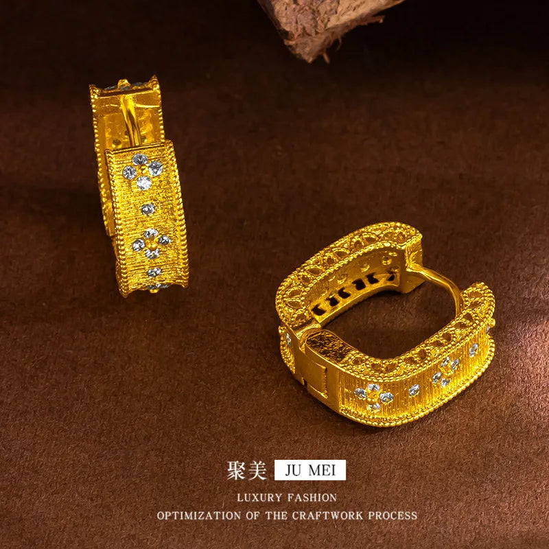 Oumei temperament 999924K gold brushed for women geometric hollow design square zircon  autumn and winter high-end earrings