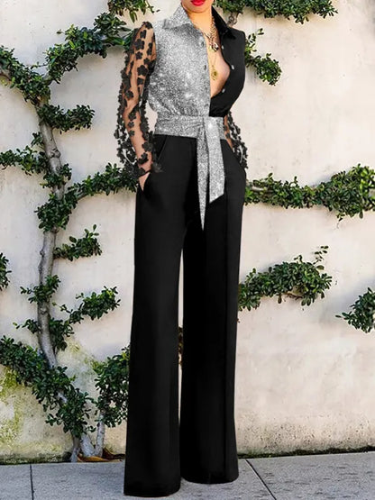 Flower Lace Hollow Out Long Sleeved Leace-up Sequin Jumpsuit
