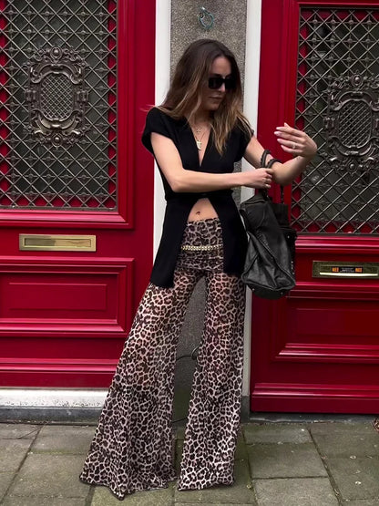 Mesh Leopard Print Trousers High Waist Print Wide Leg Pants Printed