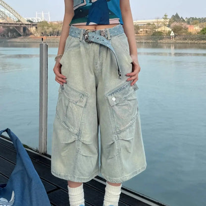 Women's Blue Casual Denim Shorts Cargo Baggy Y2K High Street Harajuku Retro Style 2000S Style Loose Fit Shorts for Casual Wear