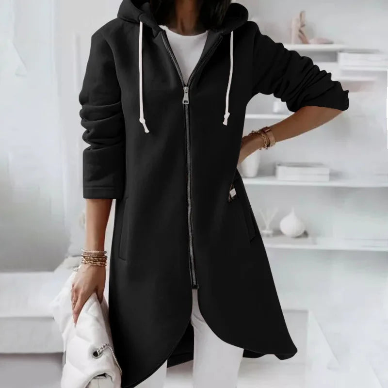Autumn Women Long Hoodies Coat Zip Up Solid Hooded Casual Pockets Long Jackets