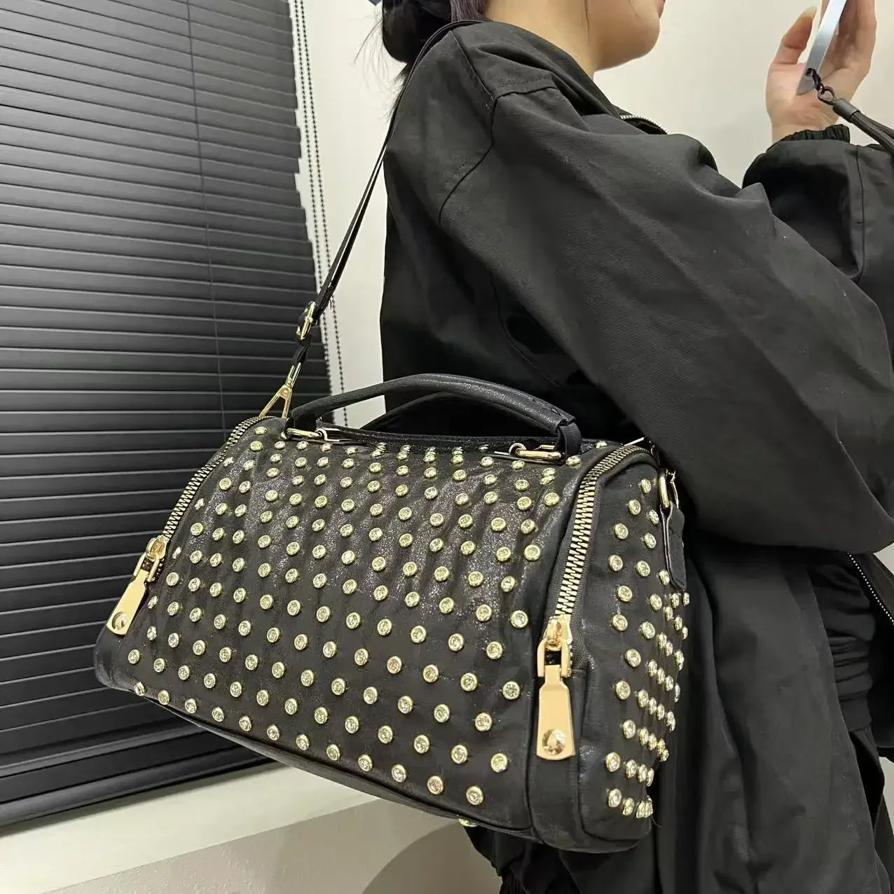 Ladies' diamond studded nylon tote bag with leopard pattern