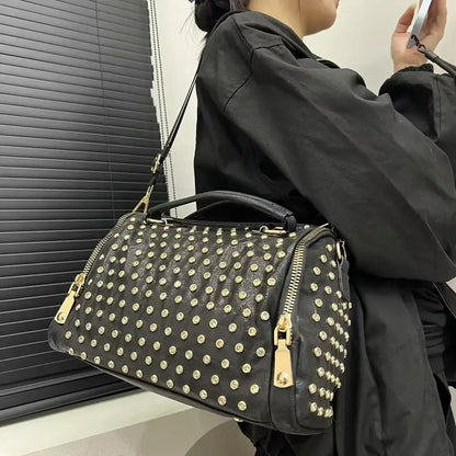 Ladies' diamond studded nylon tote bag with leopard pattern