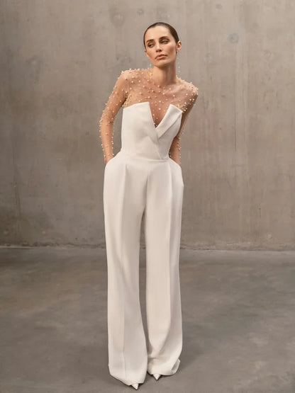 Mesh Pearl Beaded Bodysuits+Strapless Jumpsuit Two piece Sets Women White Jumpsuit Suits Evening