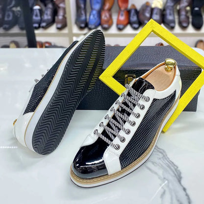 Luxury Brand Large Size Men's Flat Sneakers 6 to 13 Patent Leather Lace-up Black White Casual Shoes for Men