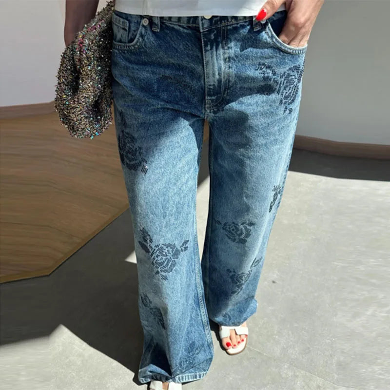 Floral-Shaped Diamond Light Blue Women Flared Denim Jeans High Waist Baggy Dragging Pants Vintage