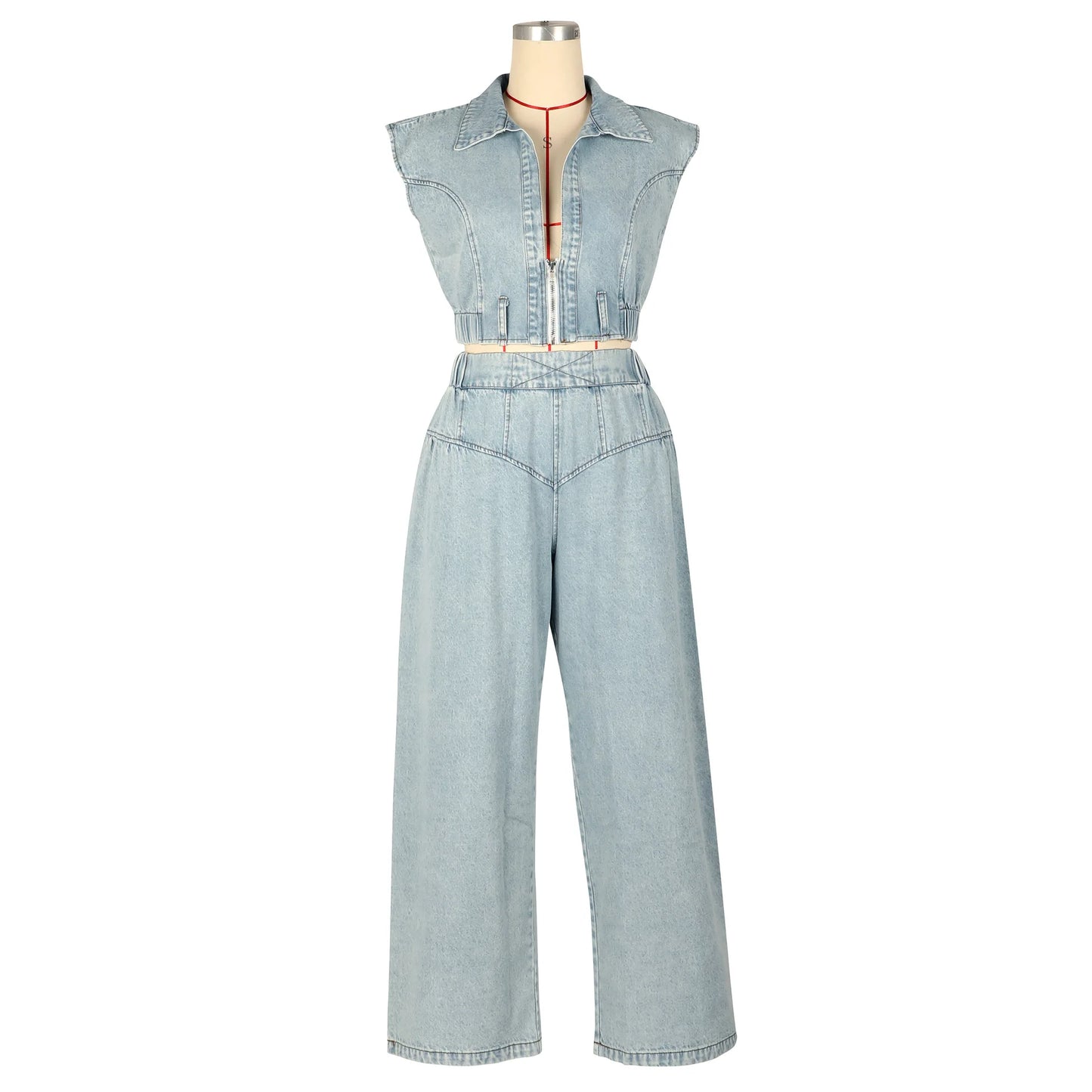 Comfortable Casual Solid Color Sleeveless Jeans Set Loose Long Straight Pants Two Pieces