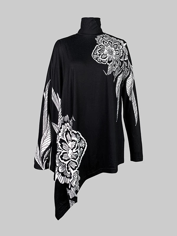 Asymmetric Floral Printed High Neck T-Shirt Long Batwing Sleeve Loose Casual