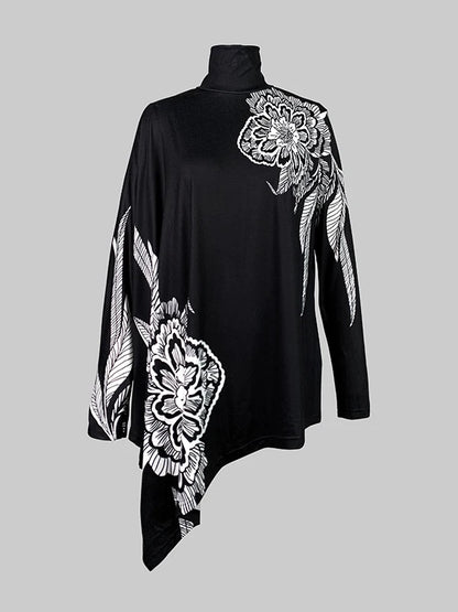 Asymmetric Floral Printed High Neck T-Shirt Long Batwing Sleeve Loose Casual
