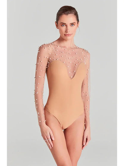 Mesh Pearl Beaded Bodysuits+Strapless Jumpsuit Two piece Sets Women White Jumpsuit Suits Evening