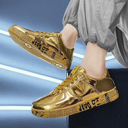 Brand Fashion Mirror Luxury Shoes for Men Women Glitter Leather Shoes Casual Men Golden