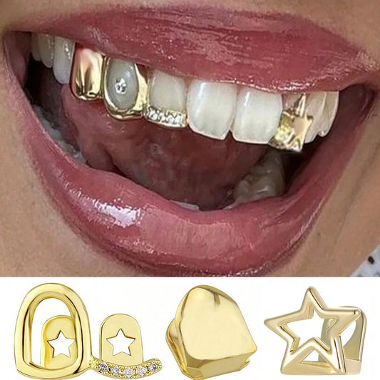 3PCS/Set Hollow Star Teeth Grillz Single Horizontal Bar Zircon Tooth Caps