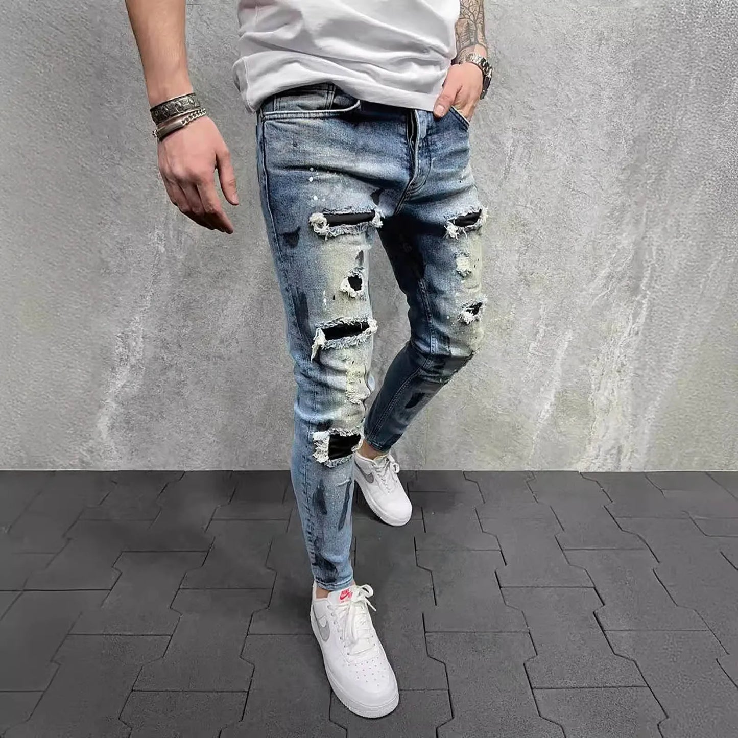 Slim Jeans Men's Paint Ripped Stitching Skinny Denim Casual Hollow Out Zipper