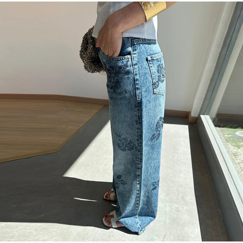 Floral-Shaped Diamond Light Blue Women Flared Denim Jeans High Waist Baggy Dragging Pants Vintage