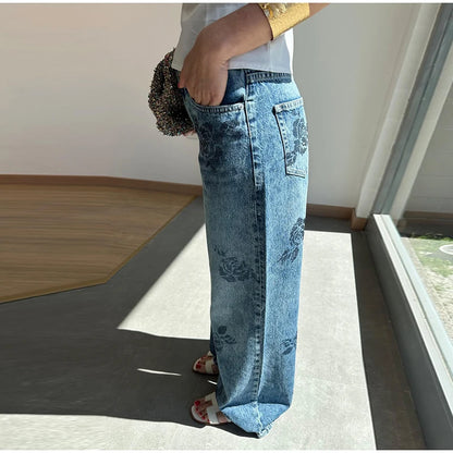Floral-Shaped Diamond Light Blue Women Flared Denim Jeans High Waist Baggy Dragging Pants Vintage