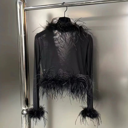 Sexy See Through Mesh Patchwork Ostrich Feather Hem Shirt 2025 New Autumn Winter Fashion Long Sleeve Night Club Party Tops Y2K