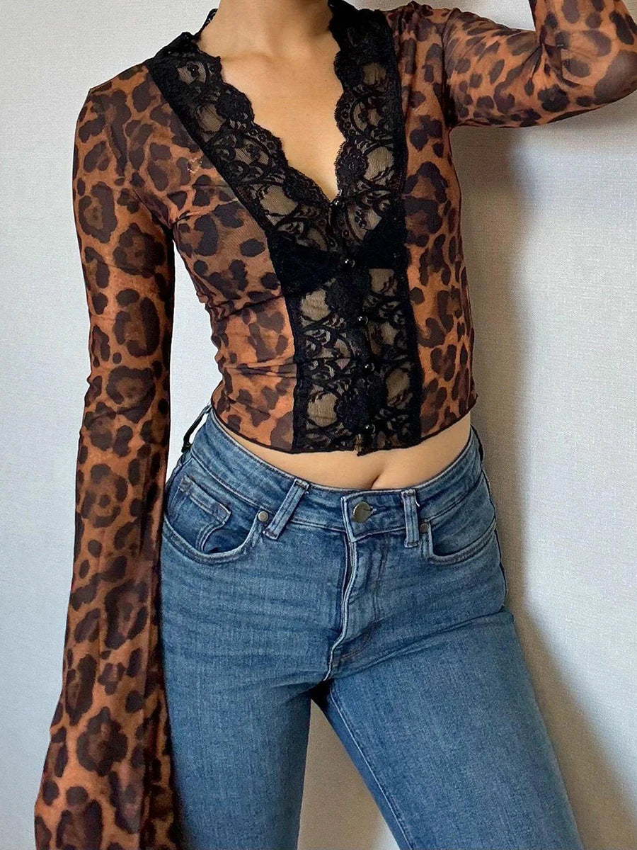 Women's Leopard Print Lace Patchwork V-Neck Button Down Long Sleeve Blouse