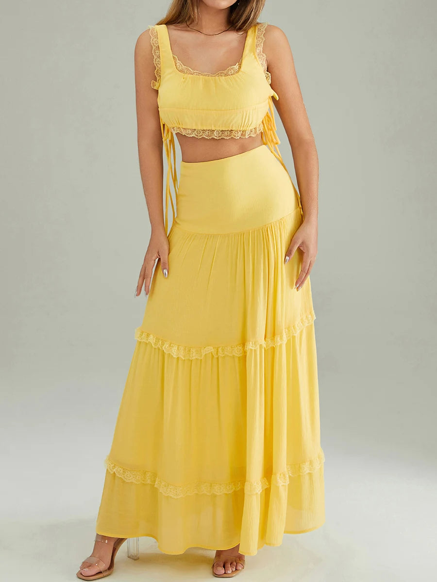 Summer 2Pcs Outfits Lace Trim Sleeveless U-Neck Tank Tops with Long Skirt Set Yellow / M / United States Yellow / S / United States WHITE / S / United States Yellow / M / United States-Yellow / S / United States-WHITE / S / United States-Yellow / L / United States-WHITE / L / United States-WHITE / M / United States-
