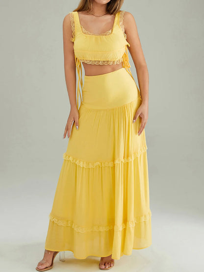 Summer 2Pcs Outfits Lace Trim Sleeveless U-Neck Tank Tops with Long Skirt Set Yellow / M / United States Yellow / S / United States WHITE / S / United States Yellow / M / United States-Yellow / S / United States-WHITE / S / United States-Yellow / L / United States-WHITE / L / United States-WHITE / M / United States-