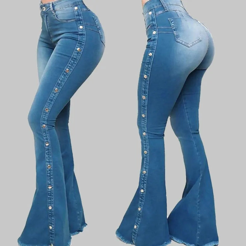 High Waist Strecth Denim Flare Pants Female Floor Length