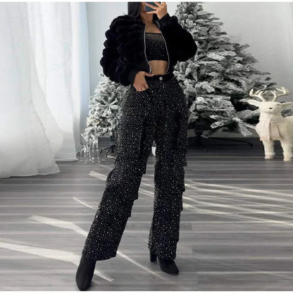 High Waist Cargo Denim Jeans With Full Rhinestones Sparkling Casual Baggy Pants Streetwear Chic Daily Trousers