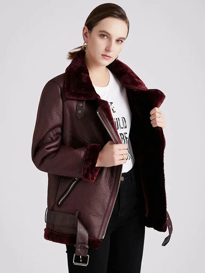 Thick and warm faux leather jacket Coat women's beige long-sleeved belt jacket women 2025 winter fashion new streetwear Tops