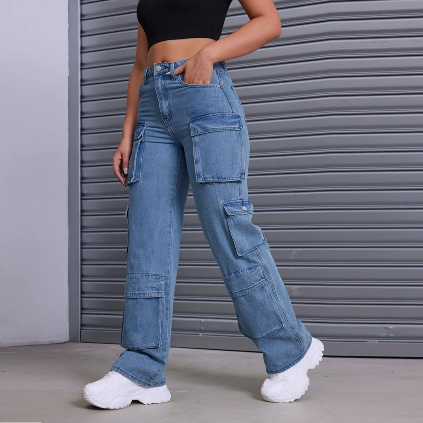 Straight Jean Women Length Large Size Wide Jeans Pants Waisted Calf Hole Stretch plus