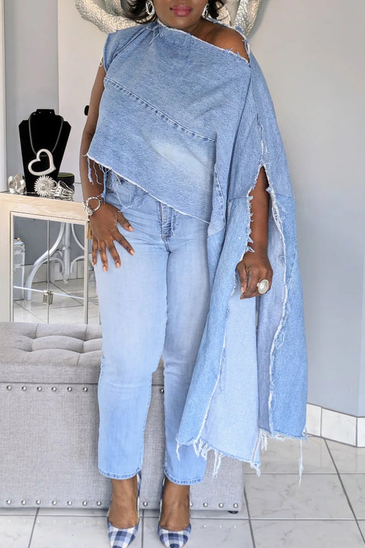 Blue Oblique Collar Batwing Sleeve Long Sleeve Split Irregular Hem Denim Jacket