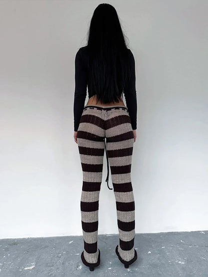 Kliou Stripe Patchwork Long Pants Woman Autumn Trend Crochet Shirring Elastic High Waist Skinny Peach Hip Street Style Bottoms