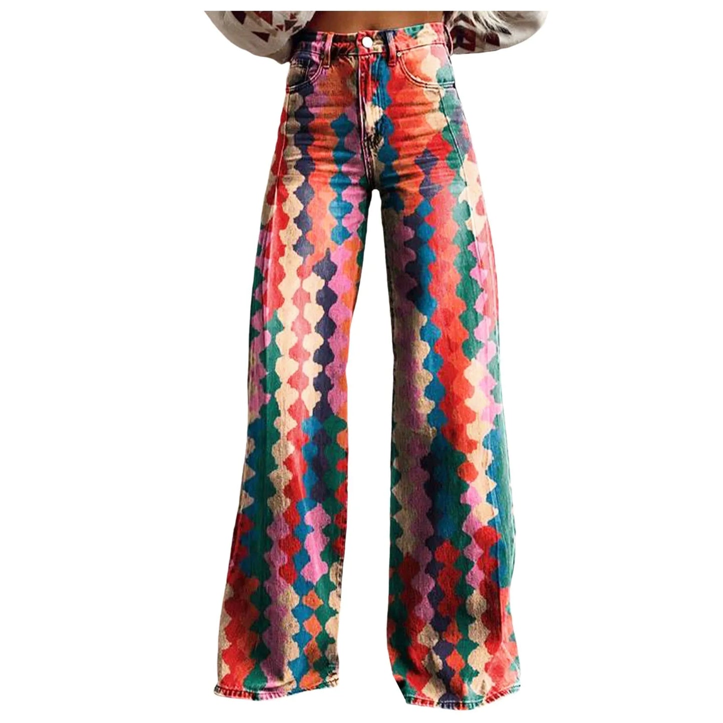 Wide Leg Jeans High Waisted Casual Floral Printed Trousers