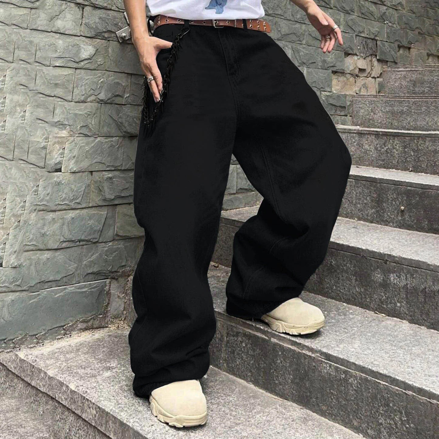 Men'S Baggy Hip Hop Jeans Wide Leg Skater Denim Pants Casual Loose Fit Long Trousers