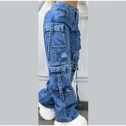 High Waist Cargo Denim Jeans With Full Rhinestones Sparkling Casual Baggy Pants Streetwear Chic Daily Trousers