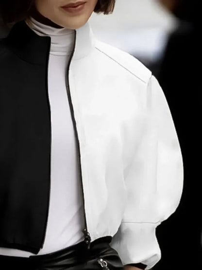 Female Stylish Stand Collar Zipper Jackets Loose Puff Sleeves Contrast Color Casual Fashion Outerwears 2025 New