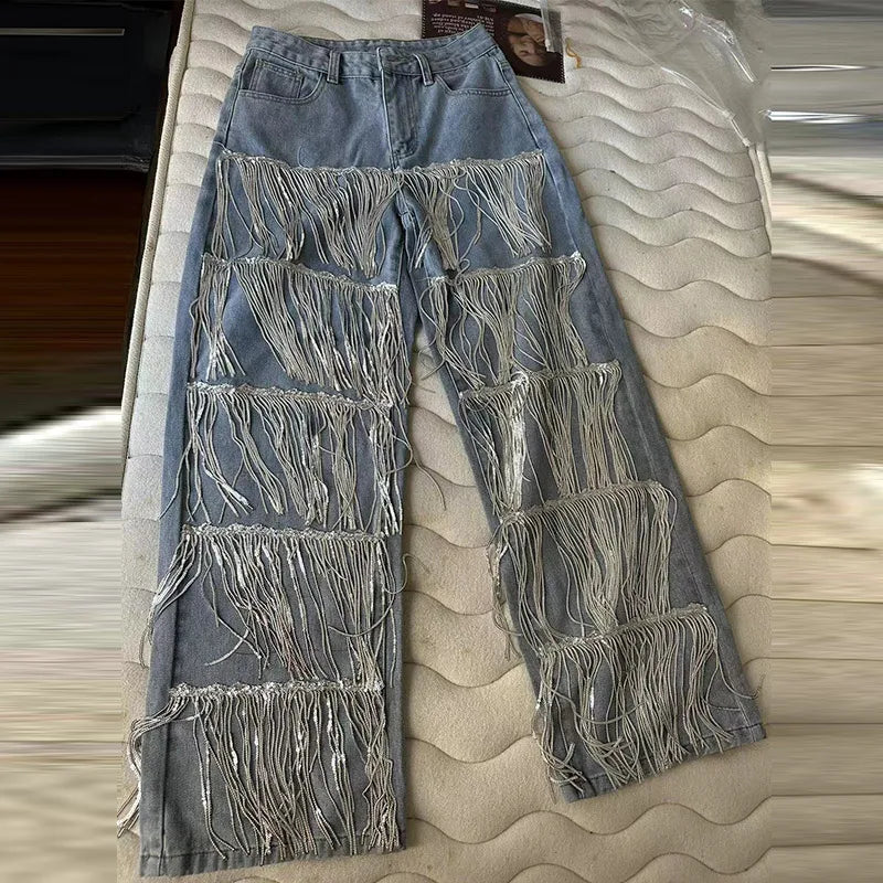 Sparkling Fringes Embellished Wide Leg Jeans Women Trendy Silver Tassel Denim Pants