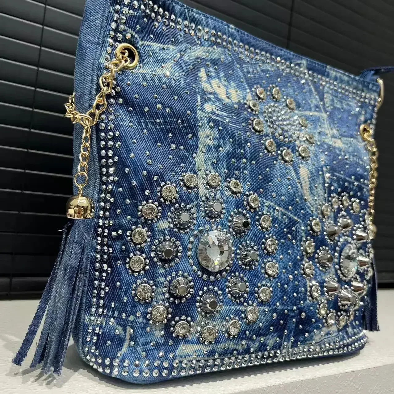Gradient Diamond Elegant Shoulder Bag Large Capacity Diamond Denim Handbag