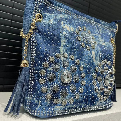 Gradient Diamond Elegant Shoulder Bag Large Capacity Diamond Denim Handbag