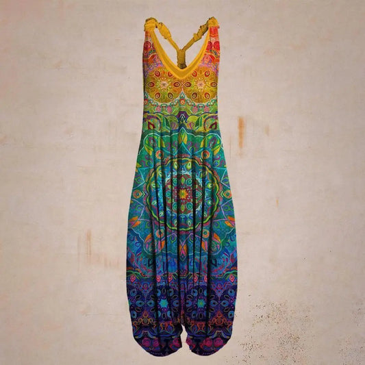 Harem Romper One-piece Jumpsuits Overalls Womens Abstract Print Backless