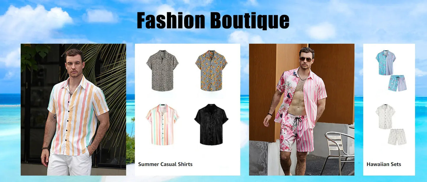 Men's Hawaiian Short-Sleeved Shirt Shorts Set Drawstring Shorts Jungle Print