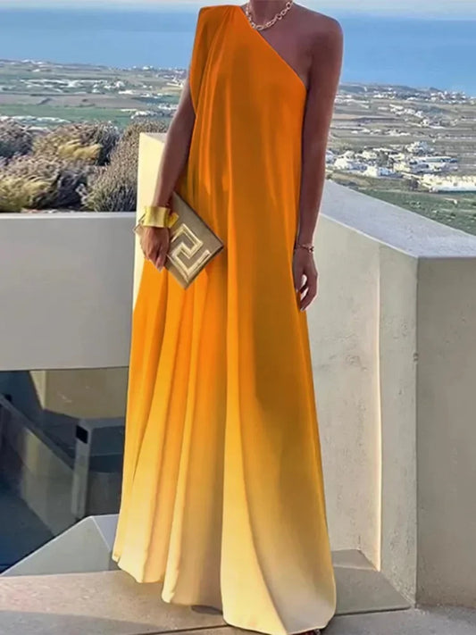 Gradient Color Vacation Beach Dress One-shoulder Sleeveless Elegant
