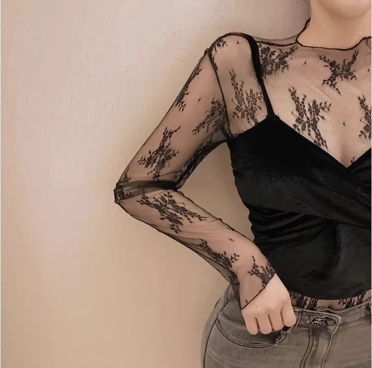 Hollow Out Mesh T-Shirt Transparent Mesh female Tops Long sleeve Basic Shirts SeeThrough Turtleneck