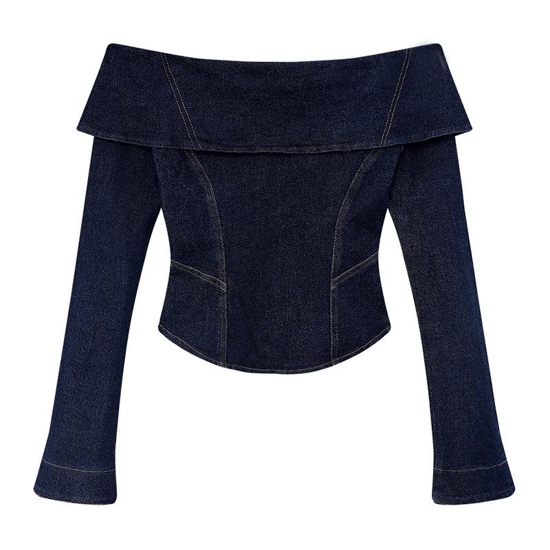 Denim Off Shoulder Blouse Top Plain Blue Long Sleeves T-shirt Blue / S Blue / L Blue / M Blue / S-Blue / L-Blue / M-