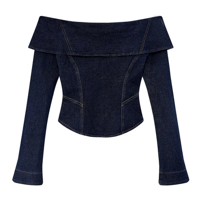 Denim Off Shoulder Blouse Top Plain Blue Long Sleeves T-shirt Blue / S Blue / L Blue / M Blue / S-Blue / L-Blue / M-