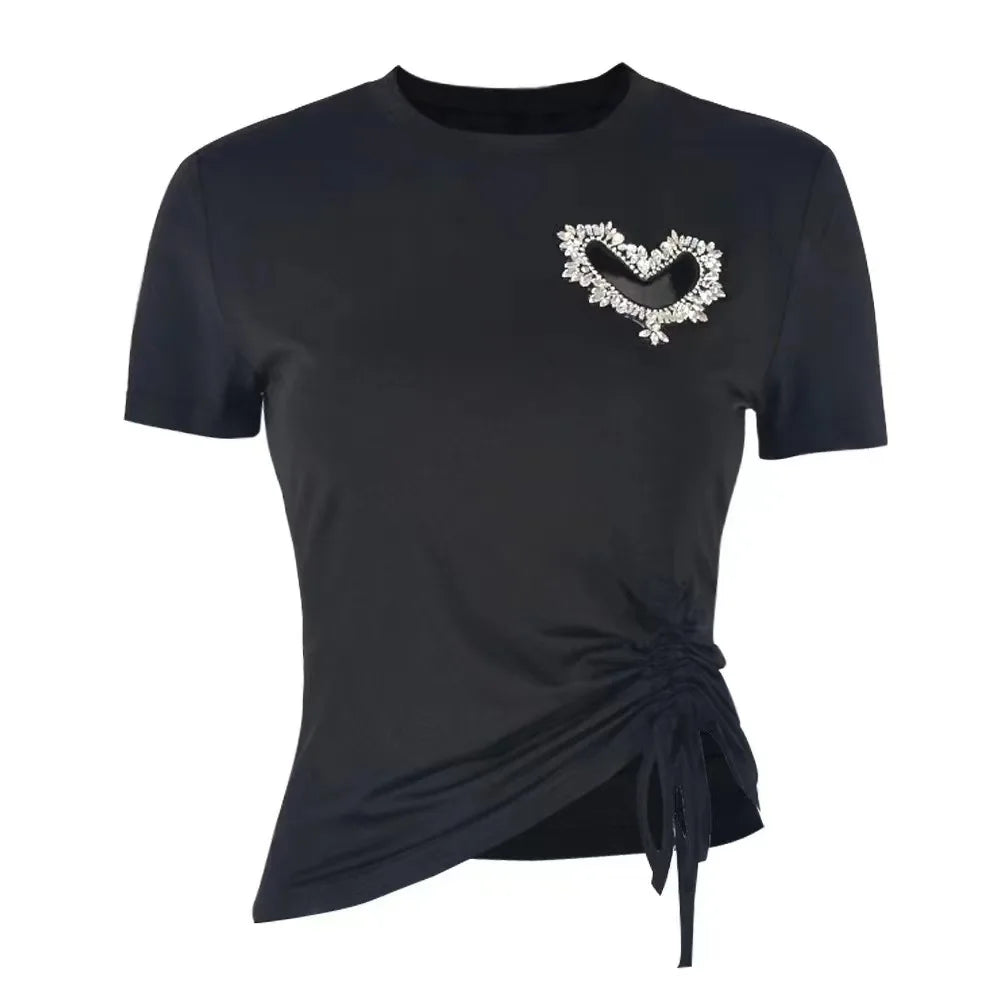 Women's T-Shirt Rhinestone Hollow Heart Drawstring T-Shirt Women Clothes Casual Short Sleeve O-neck